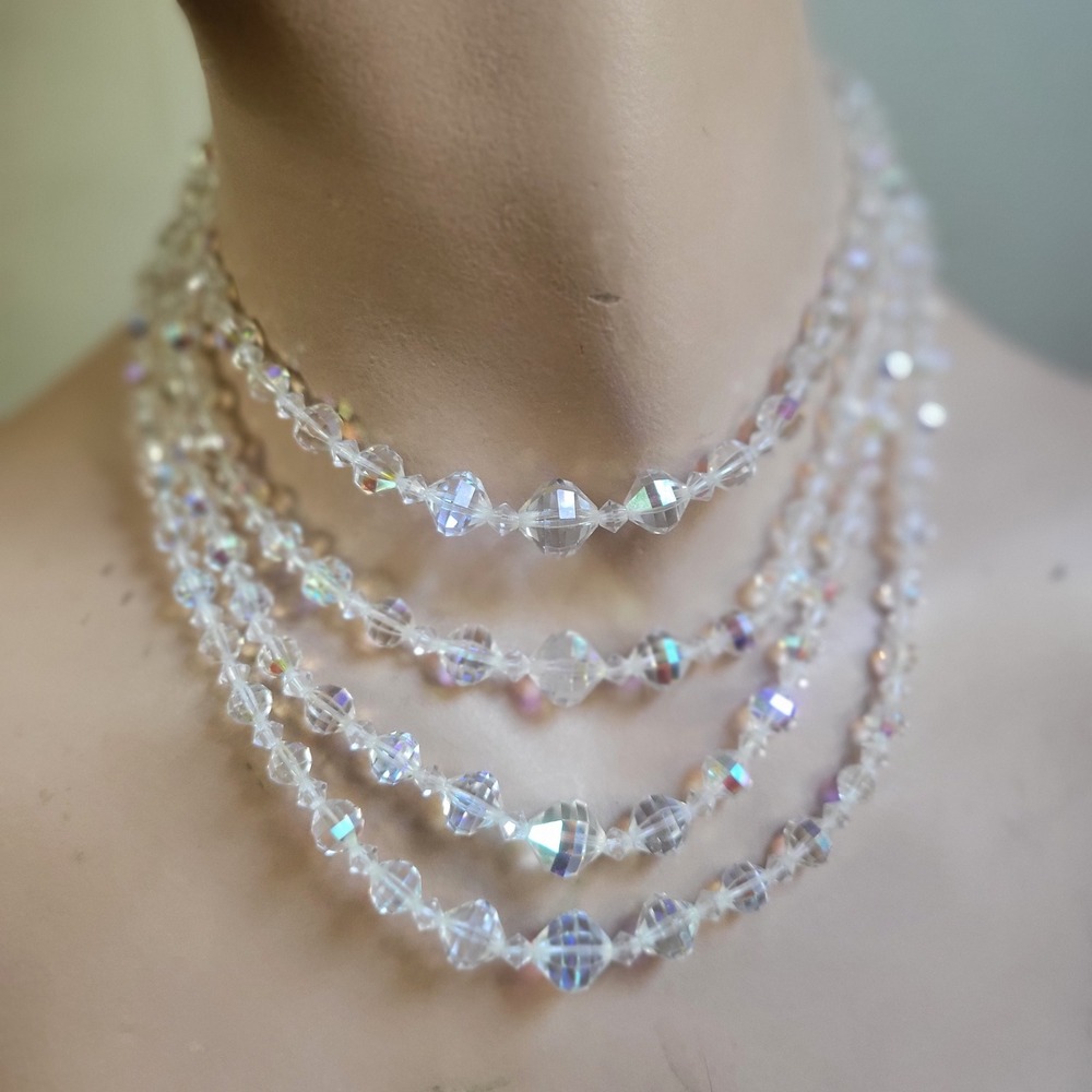 Vintage Aurora Borealis Crystal AB 4 Strand Beaded Necklace Mid-century glam 60s